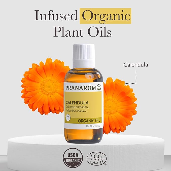Pranarom - 2 Pack - USDA Certified Organic French Calendula Virgin Plant Oil - 2 fl oz Glass Bottles - Gentle Soothing Oil for Sensitive Skin, Moisturizer