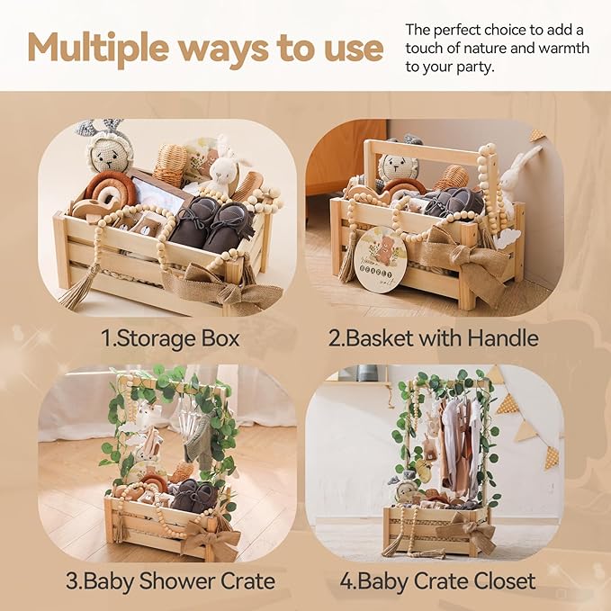 Wooden Baby Shower Crate - Baby Shower Basket Gift Set with Milestone Card, Eucalyptus Leaves, Tassel Bead String, Burlap Tape & More for Baby Showers, Nursery Decor & Photo Props