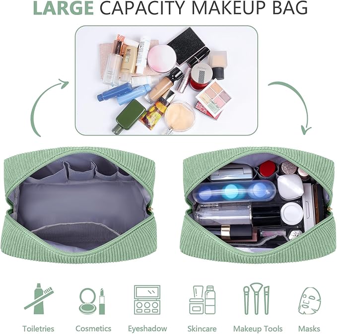 MAGEFY Small Makeup Bag for Purse Portable Makeup Pouch with Compartments Corduroy Make up Bag for Women Travel Cosmetic Essential (Green, STUFF)