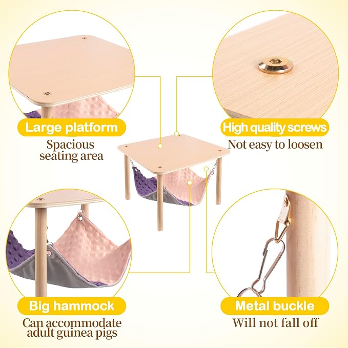 BESNEW Enlarged Guinea Pig Hammock with Wooden Stand,Small Animal Hanging Bed Large Platform for Guinea Pigs Bunny Ferret Hamster Hiding Sleeping 13L x 13W x 11H in