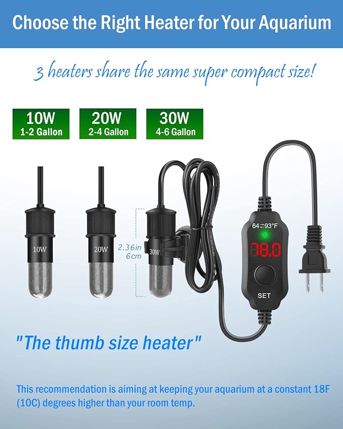 AquaMiracle Mini Aquarium Heater 10W Small Fish Tank Heater for 1-2 Gal Tanks, Digital Display Thermostat Betta Heater with Dry-Run & Overheat Protection, Memory Function