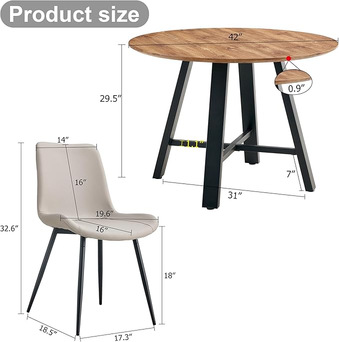 Round Dining Table Set for 4, Round Kitchen Table and Chairs Set for 4,Modern 42" Wood Dining Room Table Set & PU Leather Chairs for Small Space Kitchen Apartment Office