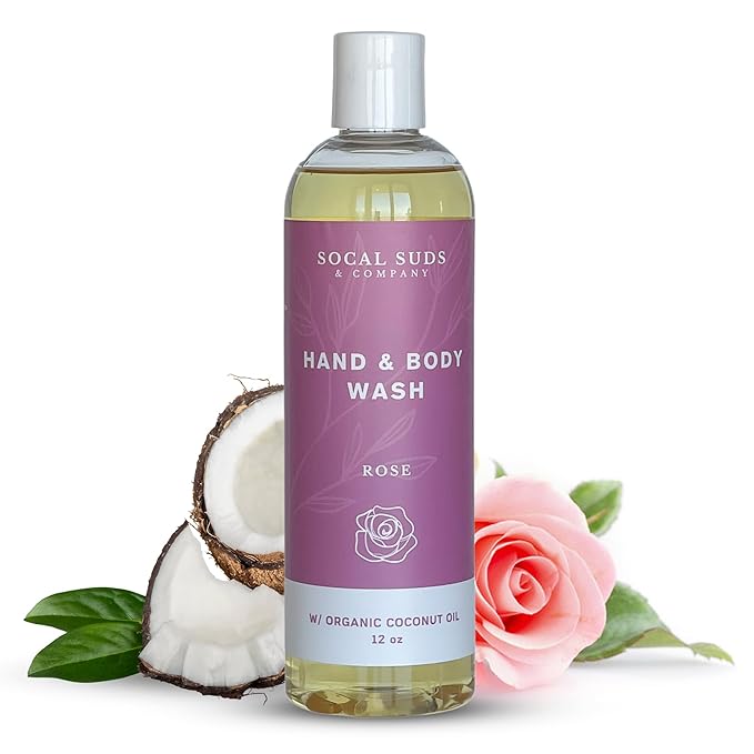 SoCal Suds & Company - 12oz Organic Soap Liquid, Gentle Hand & Body Wash, Organic Body Wash for Men and Women, Made w/Organic Oils & Coconut Oil, Bath Essentials for All Skin Types - Rose