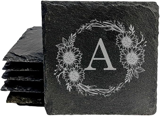 Personalized Monogram Family Coasters, Natural Stone Set, Birthday, Wedding, Customized, Rustic - Square Slate - Set of 5
