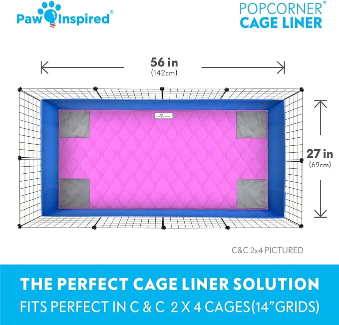 Paw Inspired PopCorner Washable Fleece Cage Liners, C&C 2x4, Pink | Reinforced Corners, Super Absorbent Mat, Bedding, Waterproof Bottom, Guinea Pigs, Ferrets, Rabbits, Hamsters, Small Animals