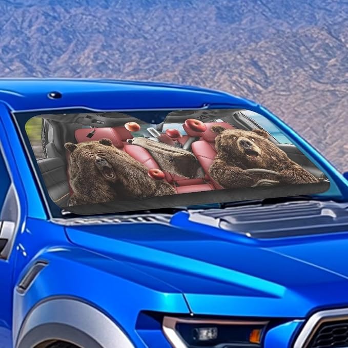 Funny Bears Windshield Sun Shade Foldable Universal Front Windshield Sun Shade with Storage Pouch Reflective Sun Blocker Fit for Most Car Van SUV Truck Car Accessories for Summer