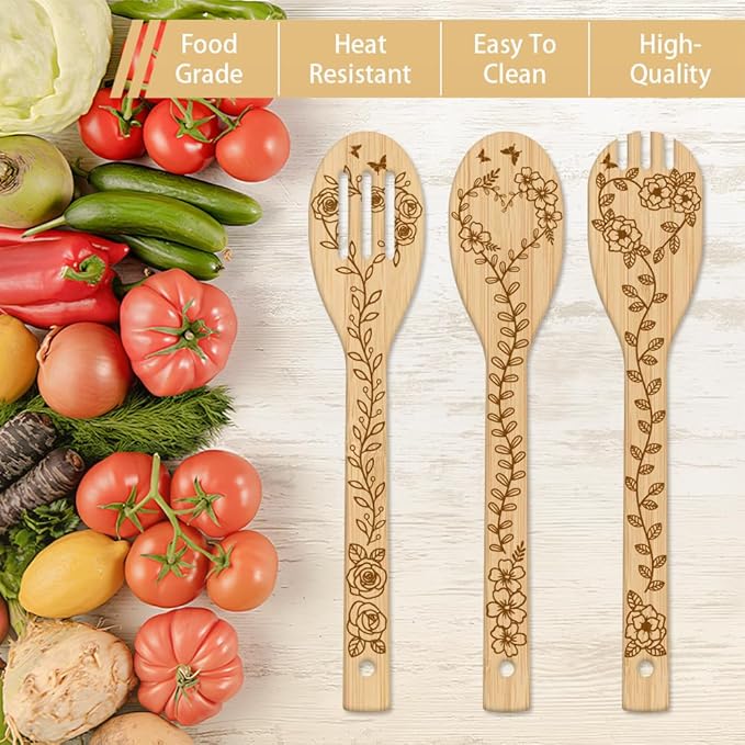 GLOBLELAND 6Pcs Leaves and Flowers Bamboo Cooking Utensils Lilies Roses Daisies Engraved Wooden Cooking Spoons Spatula Set for Women and Men Wood Cooking Spoon for Kitchen House Warming Gift