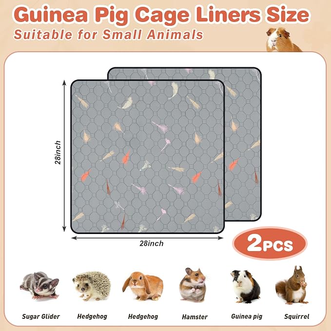 2Pcs Guinea Pig Cage Liners,Guinea Pig Fleece Cage Liners28''X28'' Super Absorbent Washable Pee Pads Reusable for Rabbit Hamster Chinchilla