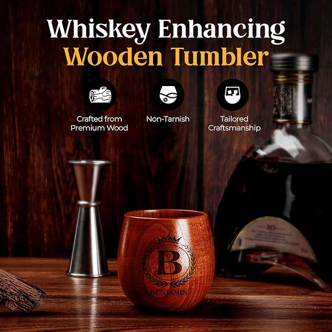 Personalized wooden whiskey glass with engraved name, custom engraved bourbon whiskey glass for men gift, dad, husband, brother