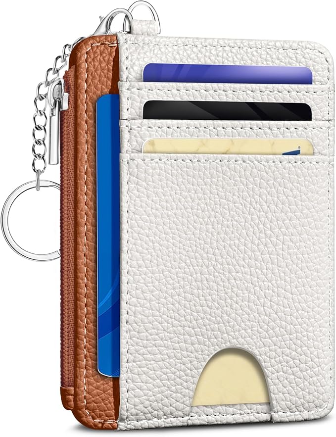 Kelvoris Credit Card Holder Small Wallet Women, Slim RFID, White Caramel | Keychain, Zipper Coin Pocket, Front Pocket Thin Travel Card Case, Minimalist, 6 Card Slots, 1 ID Window, Ladies Gifts Woman