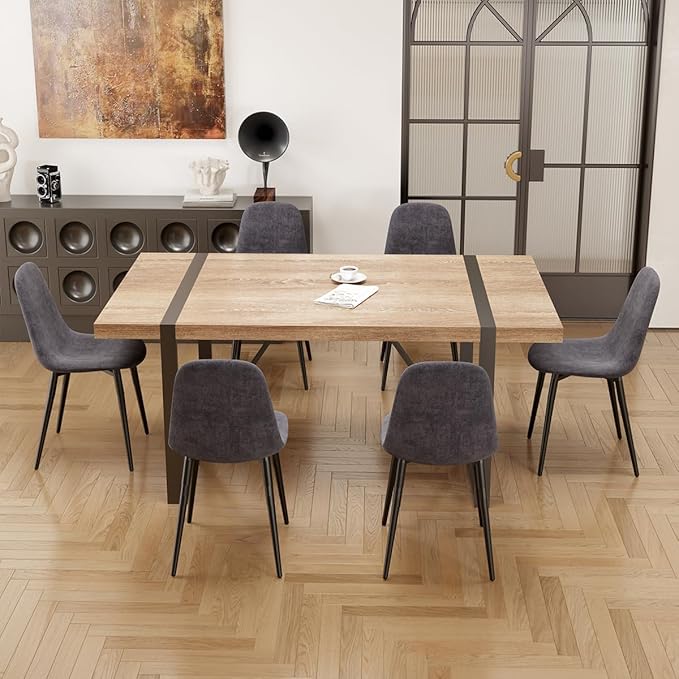 7 Piece Dining Table Set for 6,Modern 71'' Rectangle Wood Dining Table and Fabric Dining Chairs 6,Kitchen Table and Chairs for 6,Ideal for Kitchen Dining Room