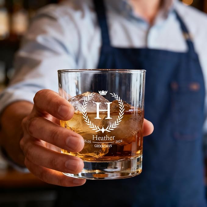 Personalized Engraving Whiskey Glass with Name, Customized Etched Monogram Rocks Cocktail Glasses for Him Husband Groomsmen, Bourbon Brandy shot Mug, Gifts for Wedding, Christmas, Birthday