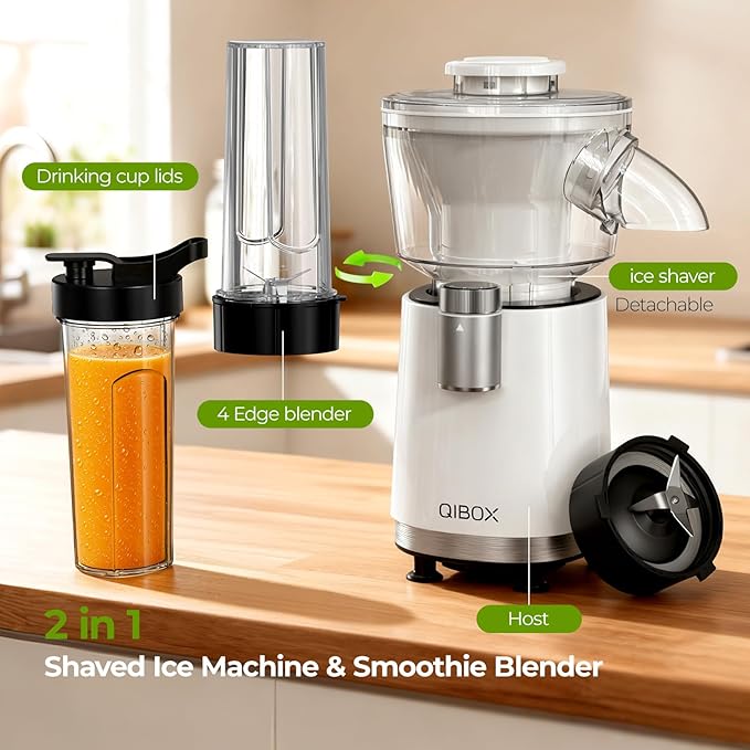 QIBOX Snow Cone Machine & Smoothie Blender 2 in 1, 700W Powerful Shaved Ice Machine Slushine Machine, Healthy Frozen Drink Maker with Stainless Steel Blade & Smoothie Recipe, for Home Kitchen Party