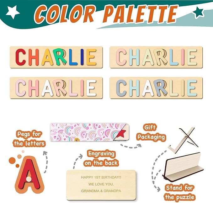 Name Puzzle for Kids Personalized, First Birthday for Baby Boy Girl, Wooden Number Puzzles for Toddlers 1-3, Educational Toys for 1 Year Old