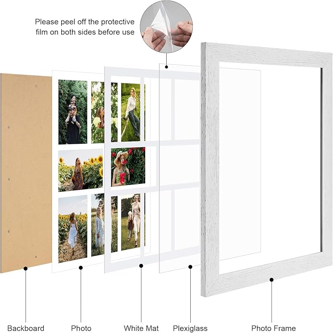 13x17 Picture Frame Display 8 opening 4X6 Picture Frame Collage,Multi Photo Frame with Mat,Plexiglass,Wall or Tabletop Decor,Distressed White Wood Grain