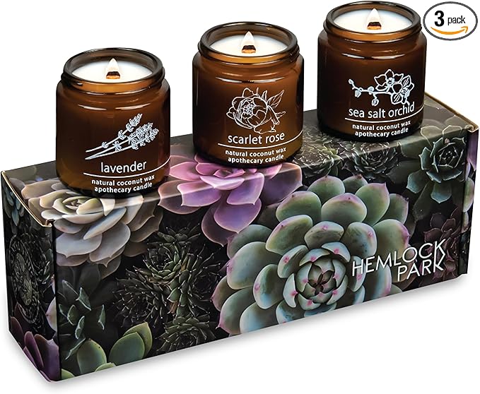 Hemlock Park Apothecary Wood Wick Candle Trio | Gift Set of Three 4 oz Candles Handcrafted with Natural Coconut Wax (Garden | Lavender, Scarlet Rose, Sea Salt Orchid)