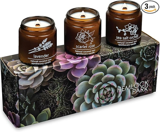 Hemlock Park Apothecary Wood Wick Candle Trio | Gift Set of Three 4 oz Candles Handcrafted with Natural Coconut Wax (Garden | Lavender, Scarlet Rose, Sea Salt Orchid)