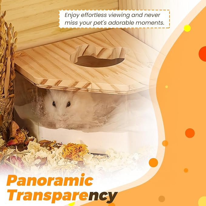 ASTIMESA Plastic Hamster Sand Bath Container with Ladder, Clear Hamster Litter Box Tub Wood Cover for Chinchilla Pet Gerbil Guinea Pig Digging Small Animal House Pentagon