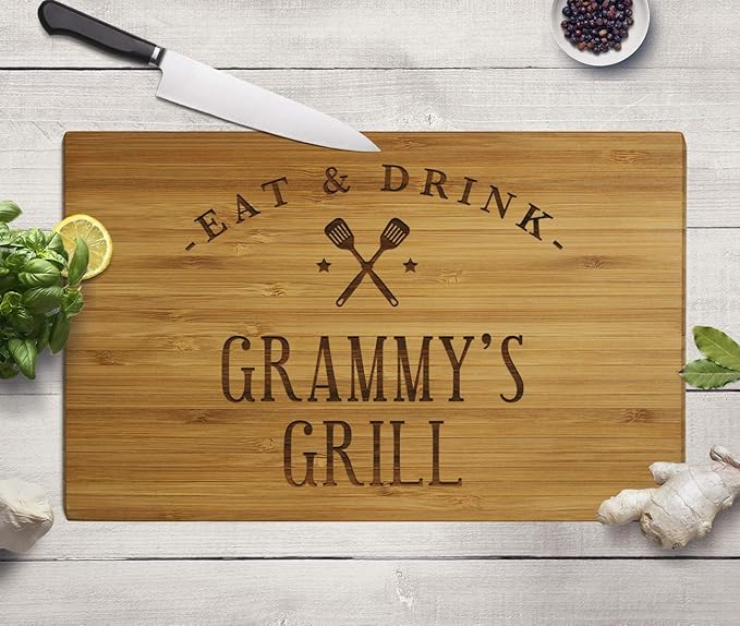 Andaz Press Large Bamboo Wood BBQ Cutting Board Gift, 17.75 x 11-inch, Grammy's Grill, 1-Pack, Laser Engraved Serving Chopping Board Christmas Birthday Chef Kitchen Ideas