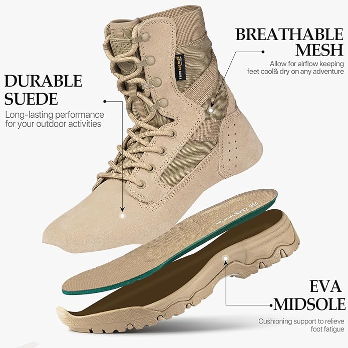 FREE SOLDIER Men's Work Tactical Boots 8 Inches Lightweight Combat Boots Durable Suede Leather Military Boot Desert Boot