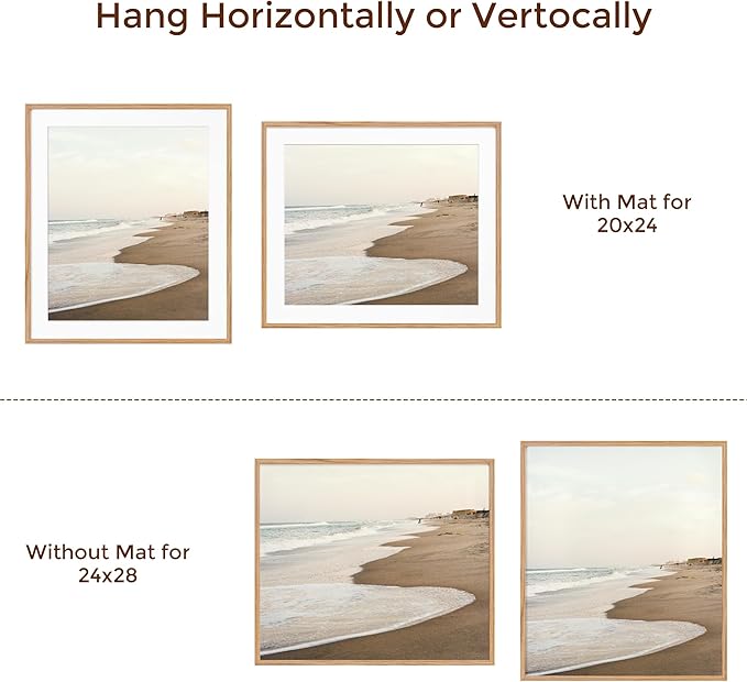 24x28 Picture Frame, Solid Oak Wood Frames 24 by 28, Rustic Wood Poster Frame 24"x28", 24x28 Frame with Mat for 20x24, 24 x 28 Frame with Tempered Real Glass (Natural Oak Color, 1 Pack)
