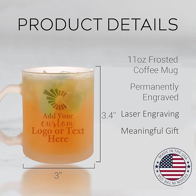 Personalized Coffee Mug Engraved with your Custom Text - Customized 11oz Frosted Glass Mugs, Hot Chocolate Mug, Tea Cup, Birthday Gifts, Retirement Gift (Engraved Custom Logo, Frosted)