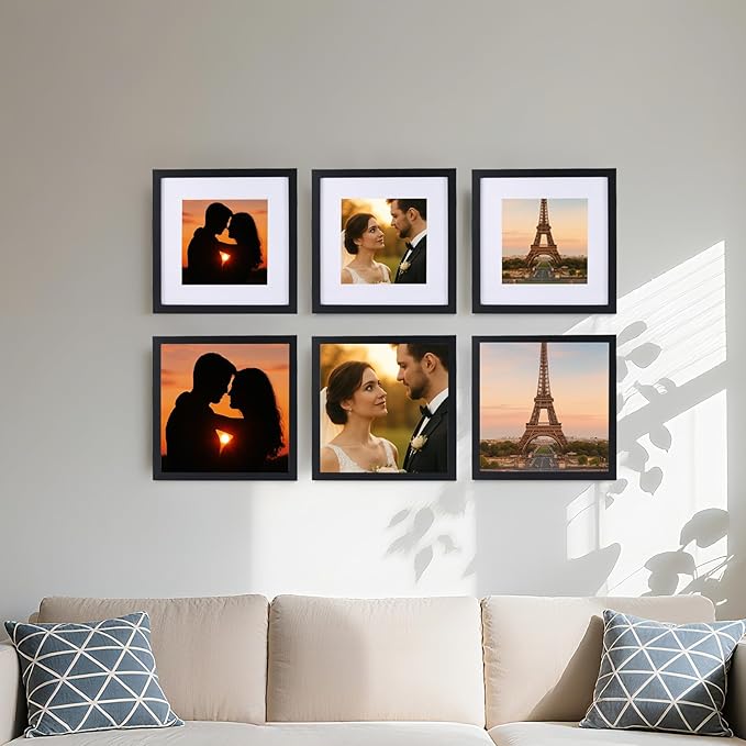 6 Pcs 12x12 Black Picture Frame - Display Pictures 8x8 with Mat or 12 x 12 without Mat - Black Wood Picture Frames for Wall Mounting - Wooden Photo Frame for 12 12 Matted to 8x8 Print Set of 6