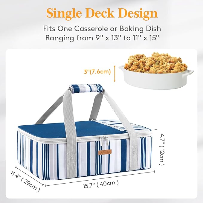 LUNCIA Insulated Single Decker Casserole Carrier, Lasagna Lugger Tote Keeps Food Hot or Cold, Thermal Lunch Bag for Potluck Parties, Picnic and Cookouts, Fits 9" x 13" Baking Dish, Blue