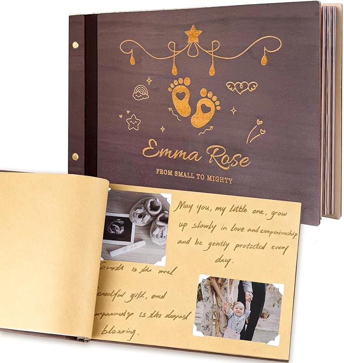 Personalized Baby Photo Album - Wooden Baby Memory Book - Custom Name Baby Scrapbook,Baby Album and Memory Book - Unique Newborn Baby Gift for New Parents