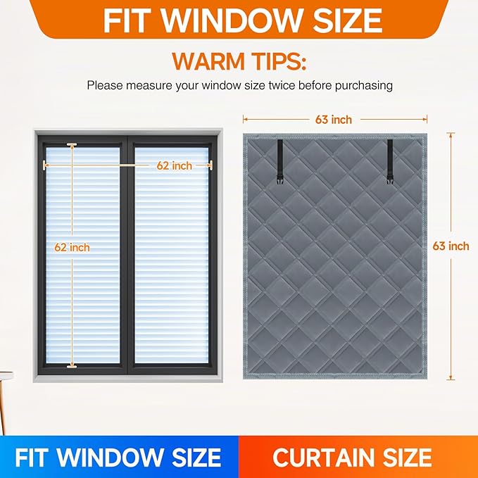 Winter Insulated Window Curtain 63"x63", Oxford Cloth Thermal Insulated Window Cover with Buckles,Heavy Duty Window Insulation Kit Fits Windows up to 62"x62",Grey