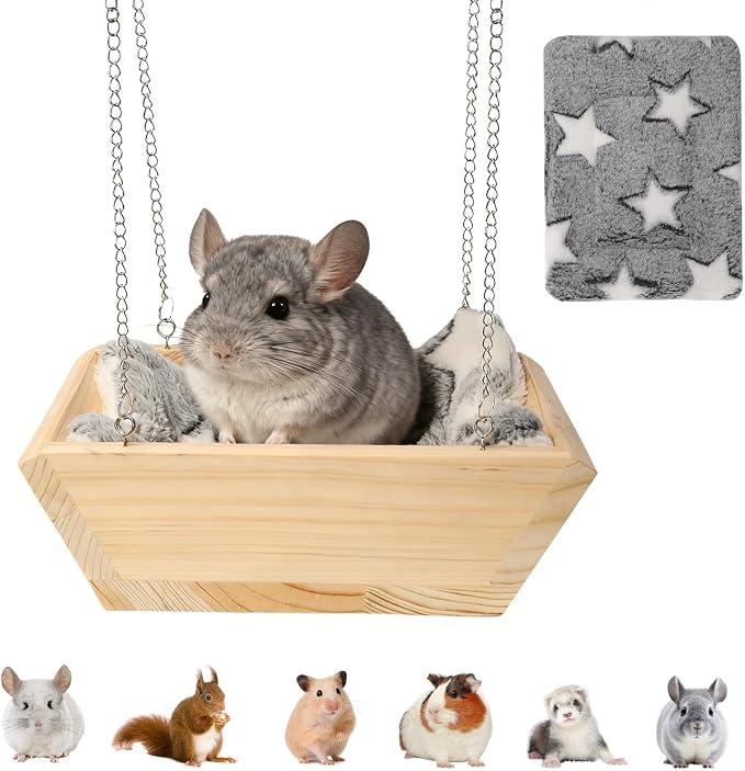 Large Wooden Hanging Bed with Plush Mat, Hammock for Chinchilla Rat Guinea | Large hanging wooden bed, Soft plush mat included, Hammock-style design, Small animal cage accessories resting nest