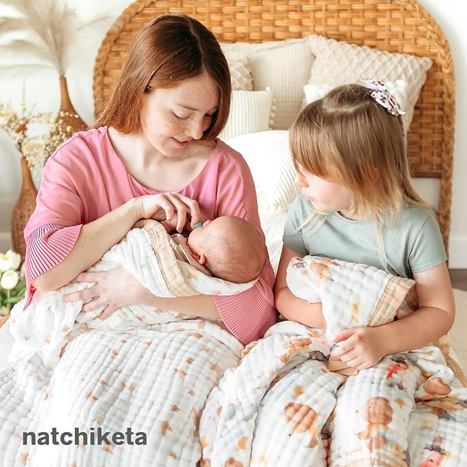 Organic Cotton Muslin Baby Blanket for Boys & Girls - Luxurious Soft Toddler Quilt for Swaddling - Gender Neutral Blanket - Baby and Toddler Gift - Bunny's Childhood Dreams