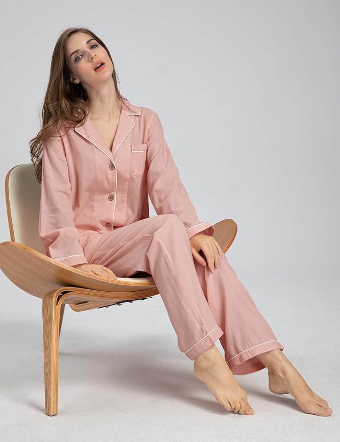 Womens Pajama Sets 100% Double Gauze Cotton Linen Like Muslin Pajamas Long Sleeve Button Down Sleepwear Soft Pjs Lounge Set