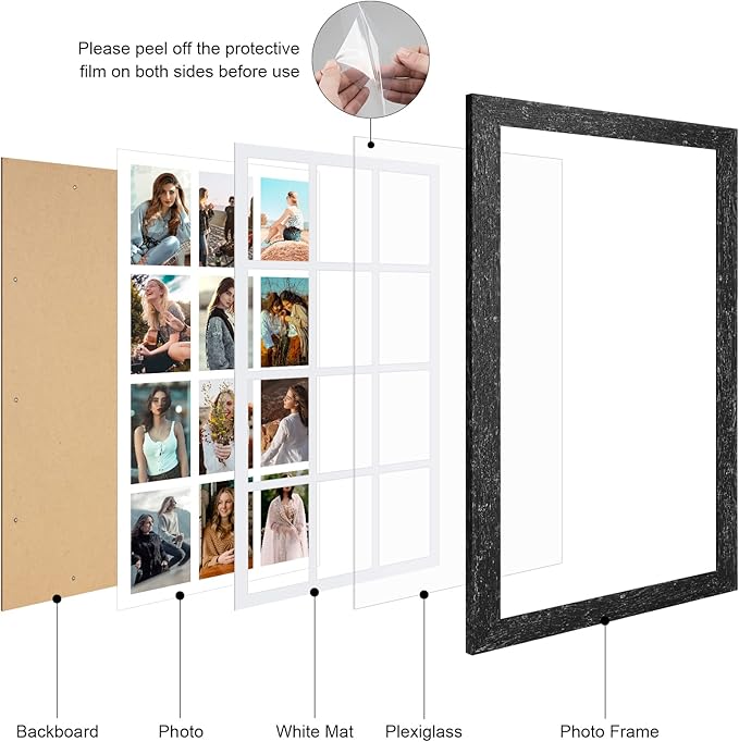 13x25 Picture Frame Display 12 opening 4X6 Picture Frame Collage,Multi Photo Frame with Mat,Plexiglass,Wall Mount Decor,Black Wood Grain