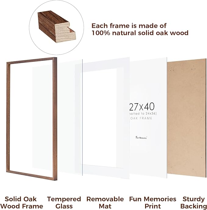 27x40 Picture Frame, Solid Oak Wood 27x40 Poster Frame for Wall, 27 x 40 Frame with Tempered Real Glass, 27x40 Frame with Mat for 24x36, Rustic Wooden 27x40 Art Frame, Walnut Color