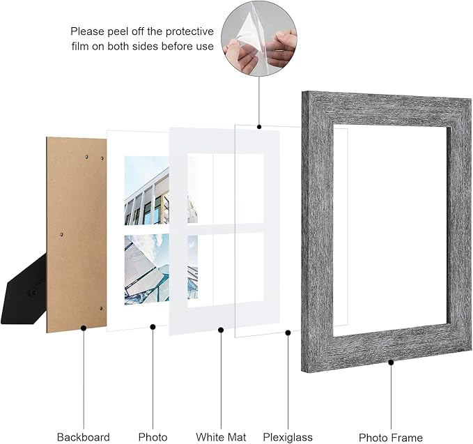 8x10 Picture Frame Display Double 4X6 Picture Frame Collage,Multi Photo Frame with Mat,Plexiglass,Wall or Tabletop Decor,Grey Wood Grain