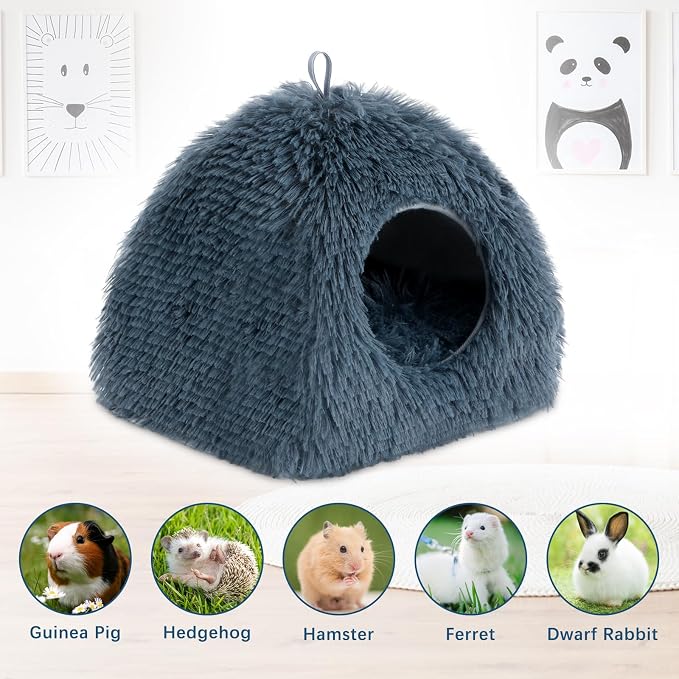 YUEPET Bunny Hideout,Warm Guinea Pig Bed, Dark Grey | Thick Ferret Bed, Washable Long Plush Fabric, Semi-Closed Design, Non-Slip Base, for Small Pets, Indoor Use