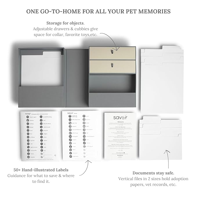 Savor | All-in-One Organizer | Gray Keep Vet Records, Tags, Collars and Fido's Favorite Toy Organized or Keep Cherished Pet Memories Safe in One Convenient Home with This Gift for Pet Parents