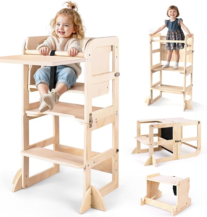 Woodure 6 in-1 Toddler Kitchen Step Stool with Wooden Stool, Foldable Learning Standing Tower with Blackboard & Feeding Tray, Wooden Kitchen Stool Helper for Kids, 1-3 Year Old Boy Girl Gifts
