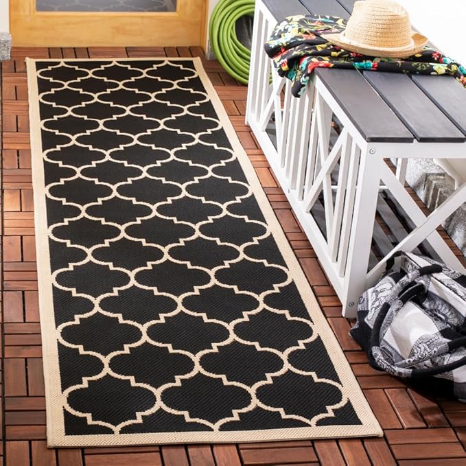 SAFAVIEH Washable Rug Outdoor Courtyard Collection - 2'3" x 12' Runner, Black & Beige, Non-Shedding & Easy Cleaning, Ideal for Patio, Entryway, Mudroom, Hallway, Kitchen (CY6914-266)