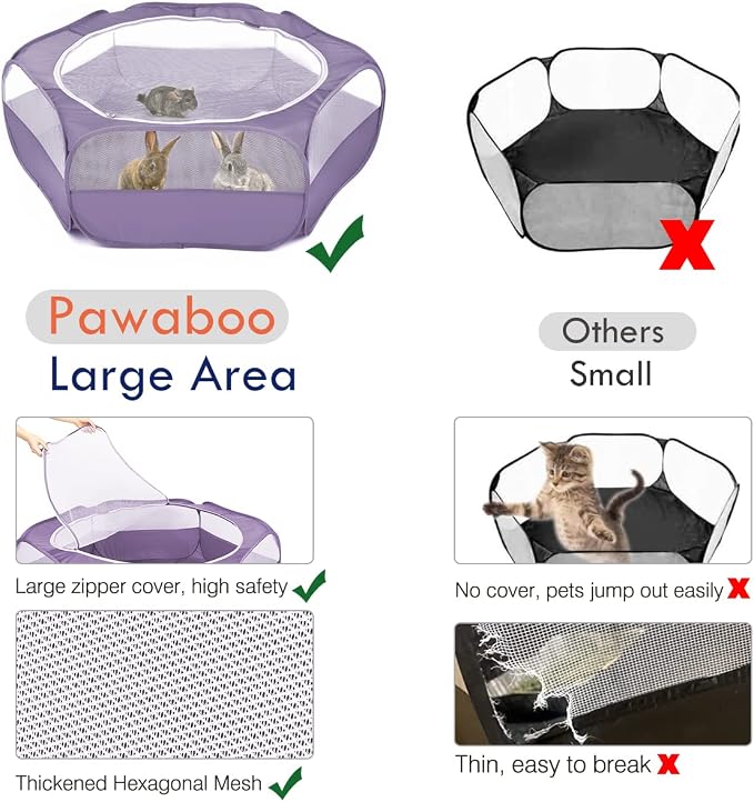 Pawaboo Small Animal Playpen with Zippered Cover, Purple | Portable pop-up pet tent for supervised rabbits, guinea pigs, chicks and kittens; water-resistant bottom and 3 metal rods