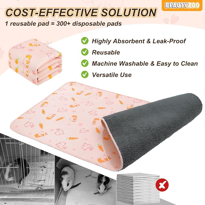 BEAUTYZOO 2Pack Washable Reversible Guinea Pig Cage Liners, Fleece Bedding | 24x47" Fleece Cage Liners, Waterproof Leakproof Super Absorbent Washable Reusable Pee Pads for Guinea Pig, Rabbit, Hamster
