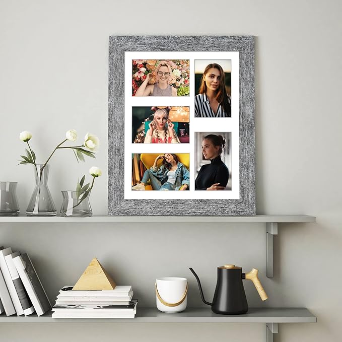 11x14 Picture Frame Display 5 opening 4X6 Picture Frame Collage,Multi Photo Frame with Mat,Plexiglass,Wall or Tabletop Decor,Grey Wood Grain