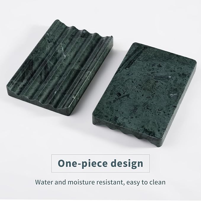 2 Pcs Soap Holder for Bathroom, Marble Soap Dish for Kitchen Countertop, Green Soaps Tray with Creative Wavy Design, Soaps Saver for Bath Tub, Sponges, Indian Natural Stone