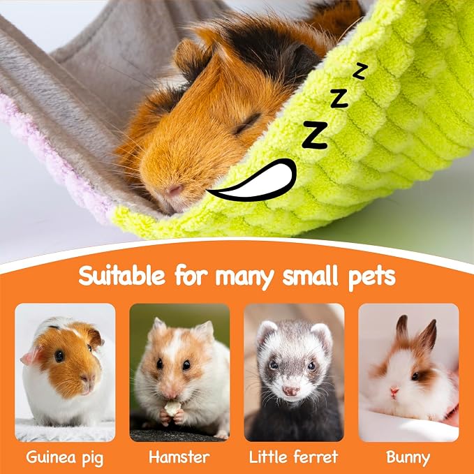 BESNEW 3 in 1 Enlarged Guinea Pig Hammock with House & Platform,Wooden Guinea Pig Hideout with Hammock & Stairs Small Animal Toys for Hiding Sleeping Activities
