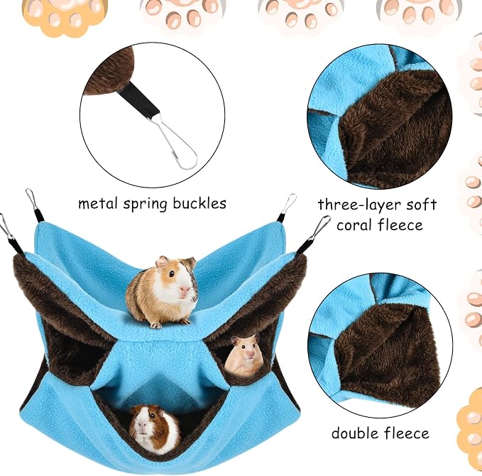 3 Tier Ferret Rat Hammock, Guinea Pig Cage Accessories, Cute Blue | Rat Hammock for Cage, Pet Cage Hanging Hammock, Small Animals, Guinea Pig, Ferret, Kitten, Squirrel, Chinchilla, Rat, Parrot