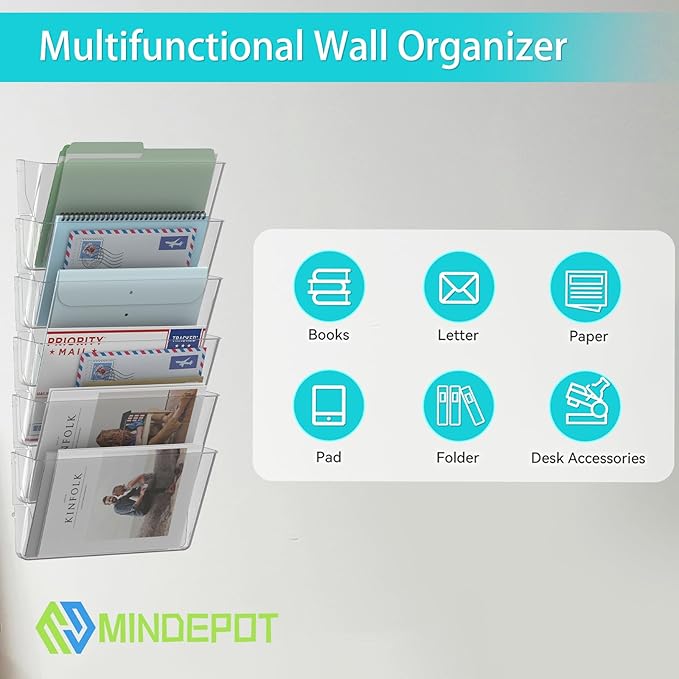 6 Pockets Acrylic Wall File Organizer, Clear Wall File Holder, Plastic Hanging Wall File Holder for Office, School and Home, Clear