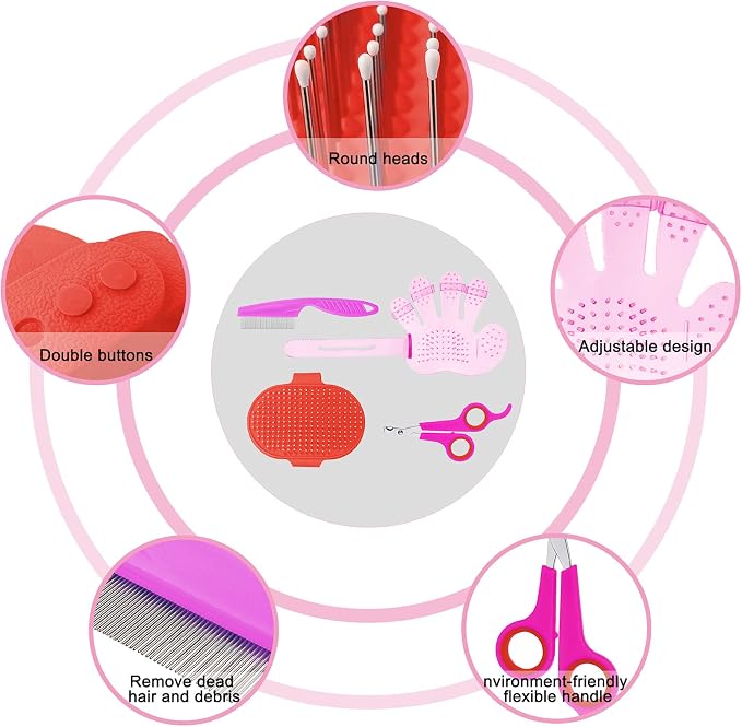 Patelai 4 Pieces Bunny Grooming Kit Rabbit Nail Clipper Rabbit Brush Hair Remover Shampoo Brush with Adjustable Ring Handle for Rabbits Guinea Pig Hamsters Puppy Kitten Hamster Ferret(Pink, Red)
