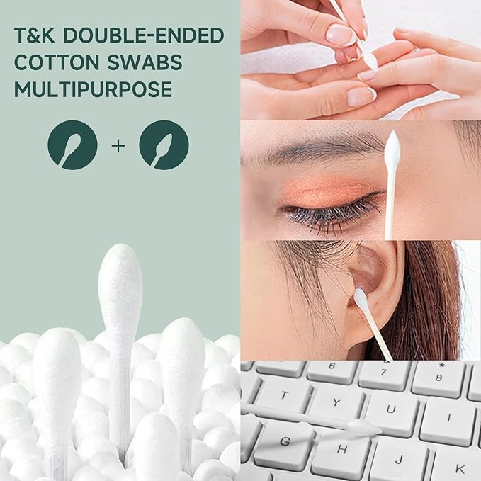 T&K Biodegradable Cotton Swabs - 1200 Count Eco-Friendly Paper Stick, Double-Tipped Precision Pointed & Gentle Round Tips, Hypoallergenic Organic Cotton (6 Pack)