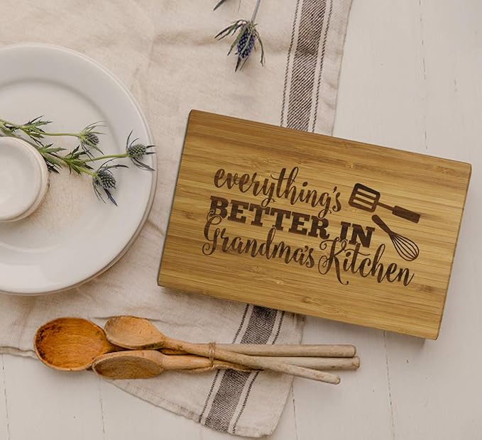Andaz Press Laser Engraved Small Bamboo Wood Cutting Board, 9.5 x 6-inch, Everything is Better in Grandma's Kitchen, 1-Pack Grandma Mother's Day Mom's Birthday Grandma Cutting Board Grandma Gift Ideas